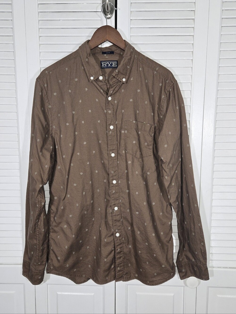 Rye Brown Leaf Micro Print Long Sleeve Casual Button Down Shirt Sz L Tall